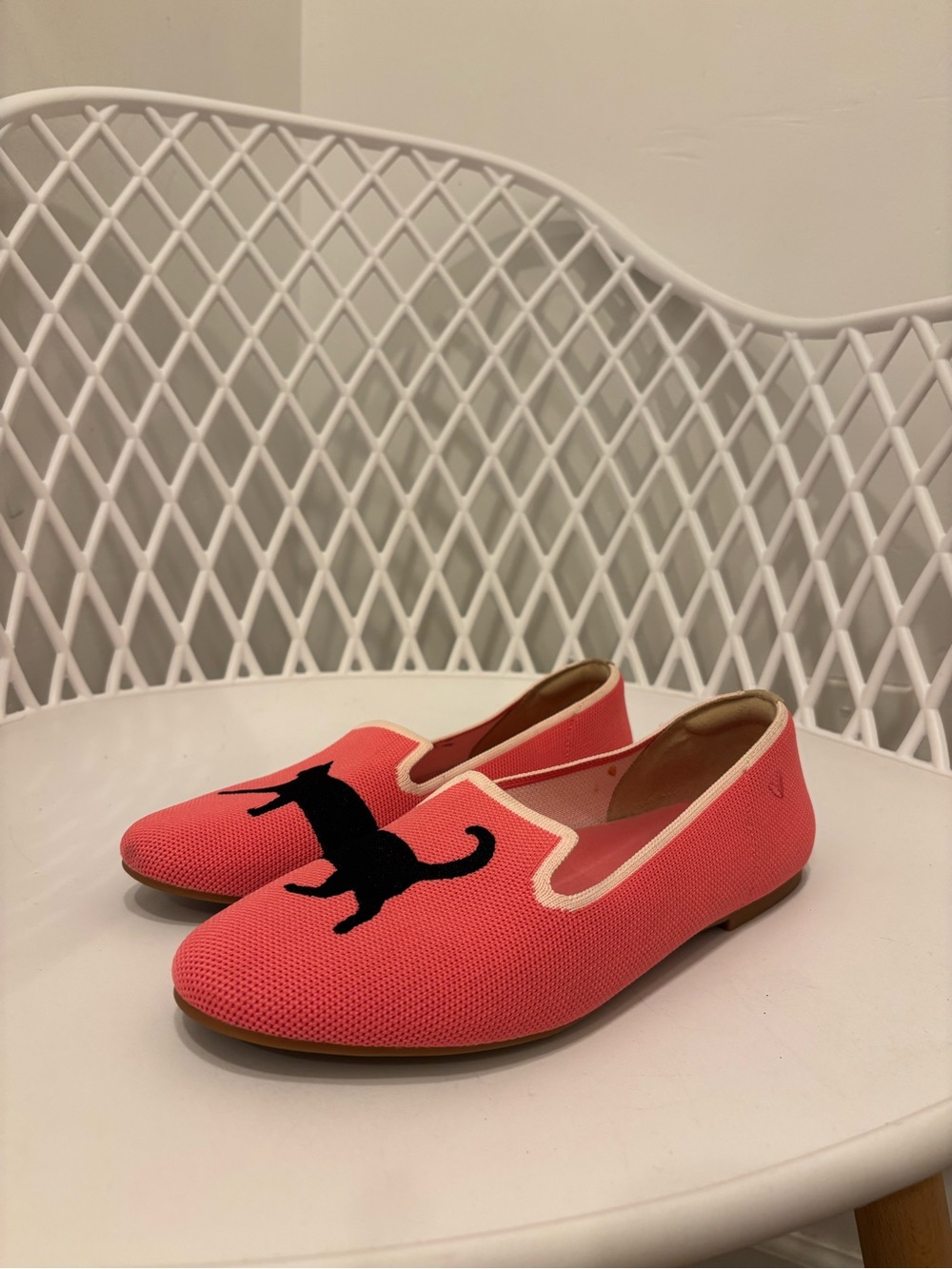 Coral Slip-On Loafers with Black Cat Embroidery